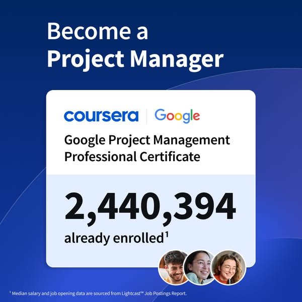 This ad promotes the Google Project Management Professional Certificate offered through Coursera. It highlights the larg