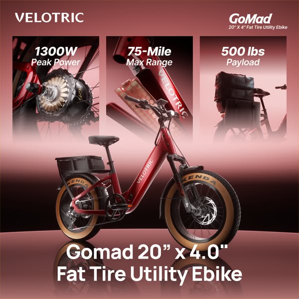 This ad showcases the Velotric GoMad 20" x 4.0" Fat Tire Utility Ebike by highlighting its key features such a