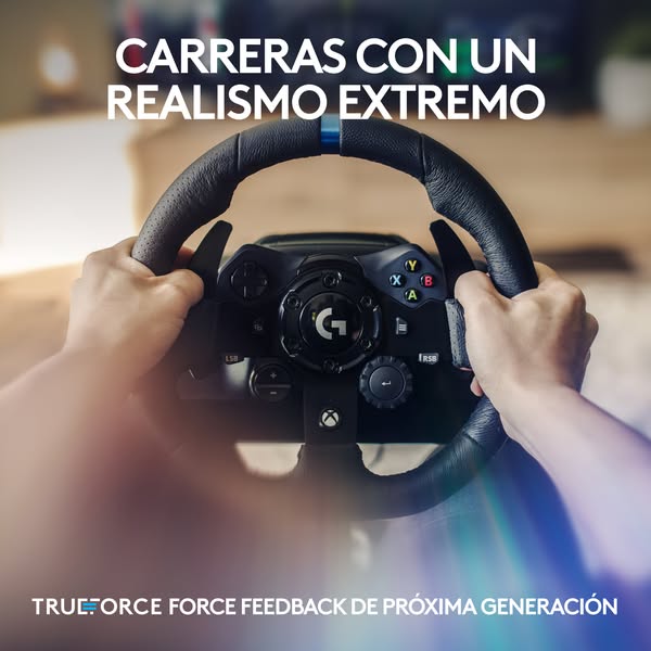 This ad showcases a Logitech racing wheel, emphasizing its realistic driving experience and next-generation force feedba