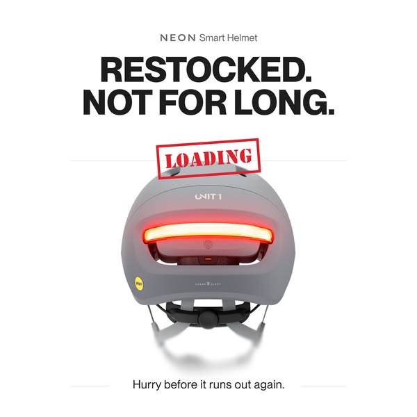This ad promotes the NEON Smart Helmet by highlighting that it has been restocked but might not be available for long, u
