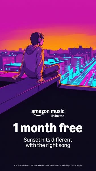 This ad for Amazon Music Unlimited features an illustration of a person sitting on the edge of a rooftop at sunset, list