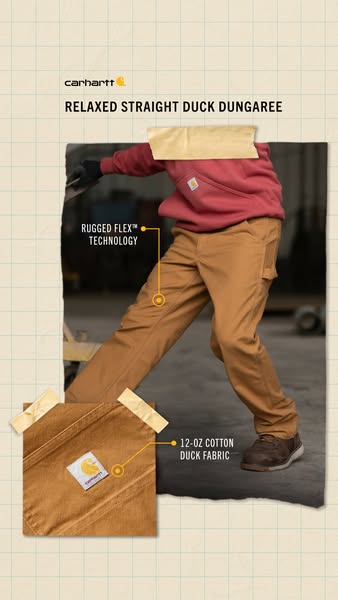 This image ad showcases Carhartt's Relaxed Straight Duck Dungaree pants, highlighting their Rugged Flex™ Technology 