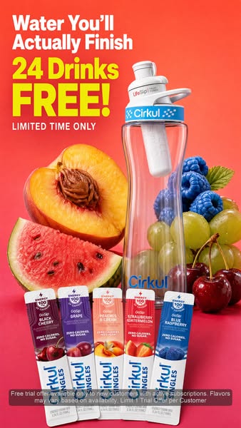 This image ad promotes Cirkul, highlighting a special offer where customers can get 24 free drinks. The ad showcases the