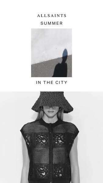 This ad for Allsaints features a summer campaign showcasing a black crocheted top and hat. The ad uses a split design, w