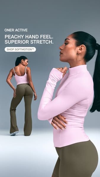 An image ad showcasing activewear with 'peachy hand feel' and 'superior stretch,' targeting active women
