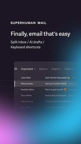 This ad highlights the features of Superhuman Mail which makes email easy with split inbox, AI drafts, and keyboard shor