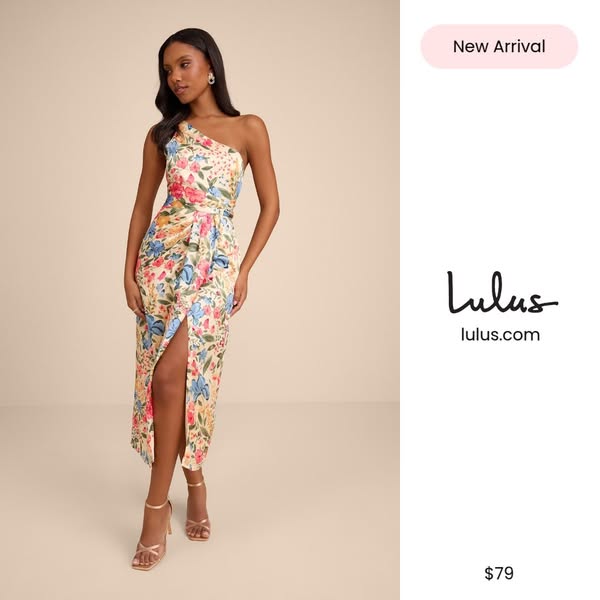 This image ad showcases a single floral dress from Lulus.com, highlighting its design and price.