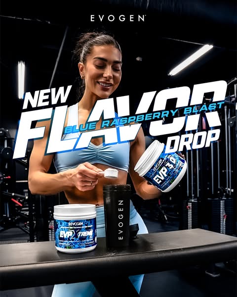 This ad features a woman smiling as she adds a scoop of blue raspberry flavored Evogen pre-workout powder to a shaker. T