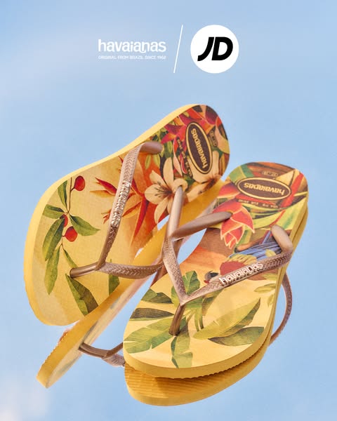 This ad features two Havaianas flip flops with floral patterns and the Havaianas and JD Sports logos. The sandals are hi