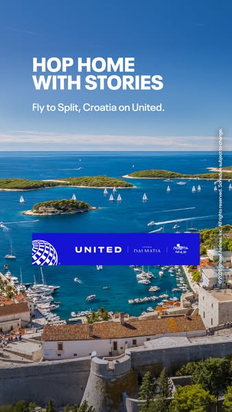 This image ad from United Airlines promotes flights to Split, Croatia. The ad features an idyllic coastal view with the 