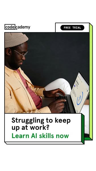 This image ad for Codecademy highlights the need to learn AI skills to keep up at work and offers a free trial.