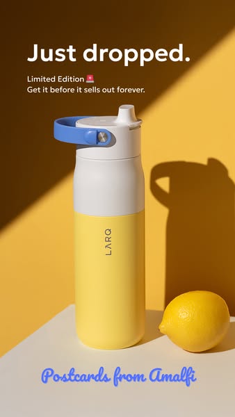 This ad features a LARQ water bottle set against a yellow background with a lemon for an aesthetic color story. The text