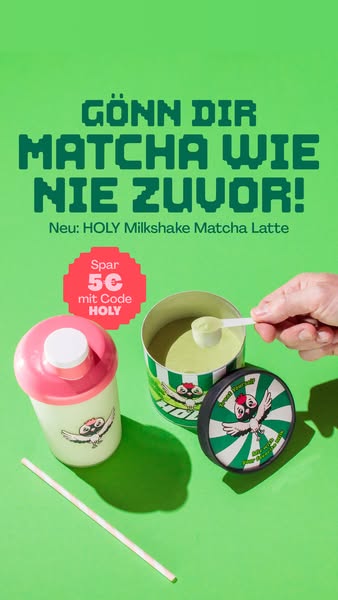 This ad promotes HOLY's Milkshake Matcha Latte. It features the product, a discount offer, and an invitation to enjo