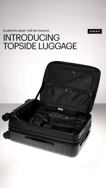 An ad for Away's Topside Luggage highlighting its compact design and innovative engineering.