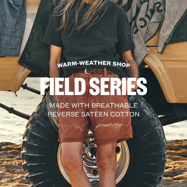 This image ad showcases Filson's Field Series clothing against an outdoor lifestyle background featuring a vehicle a