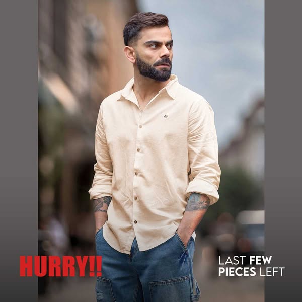 A photo of a man modeling a button-down shirt with the callout of "Hurry!!" and "Last few pieces left&quo
