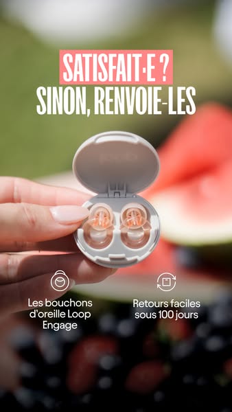 An ad showcasing Loop Engage earplugs. The ad highlights Loop's earplugs and guarantees easy returns within 100 days