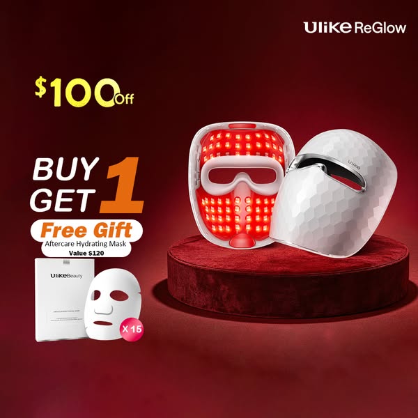 This image ad promotes the Ulike ReGlow mask with a limited-time offer, including a free Aftercare Hydrating Mask with p
