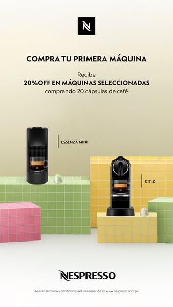 This ad by Nespresso promotes a discount of 20% off selected machines when buying 20 coffee capsules.