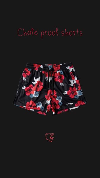This ad features floral print shorts and positions them as chafe proof.