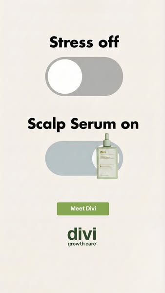 This ad promotes Divi's growth care scalp serum as a means to relieving stress. It uses an on/off toggle visual to h