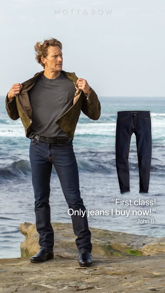 This image ad for Mott & Bow features a man wearing the brand's jeans on a rocky beach. A testimonial from a cus