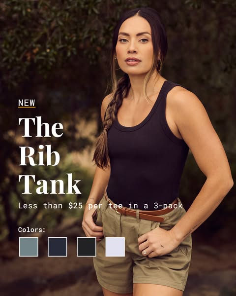 This image ad promotes a ribbed tank top, highlighting its affordability when purchased in a 3-pack and showcasing the a