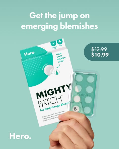 This ad for Mighty Patch promotes its early-stage blemish patches. The image features the product packaging, a hand hold