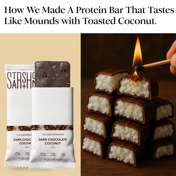 This image ad for SARSHA protein bars highlights the Dark Chocolate Coconut flavor. It compares the taste of the protein