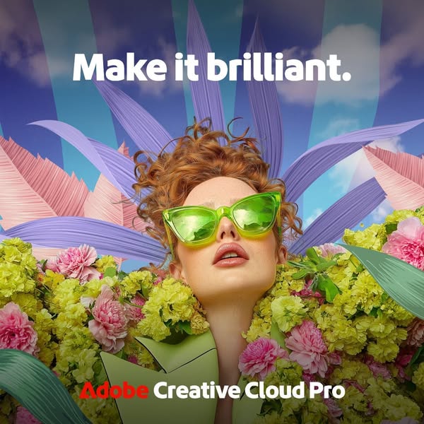 This ad for Adobe Creative Cloud Pro features a woman wearing green sunglasses and surrounded by flowers and greenery. T