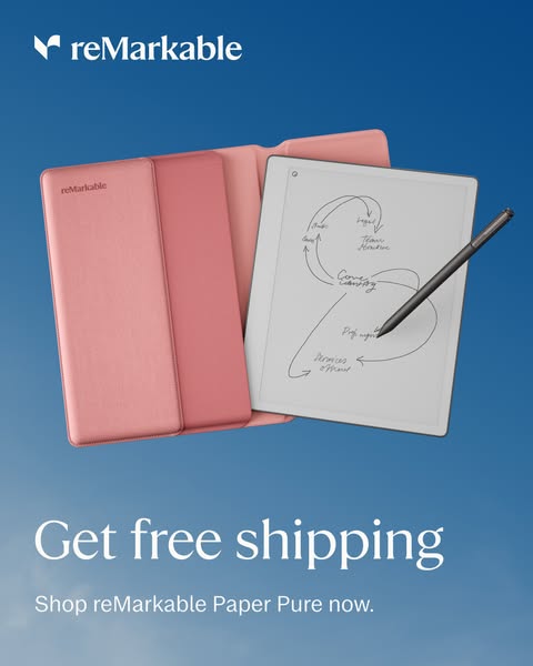 The ad displays the reMarkable Paper Tablet with its pen and cover against a blue gradient background. The ad offers fre