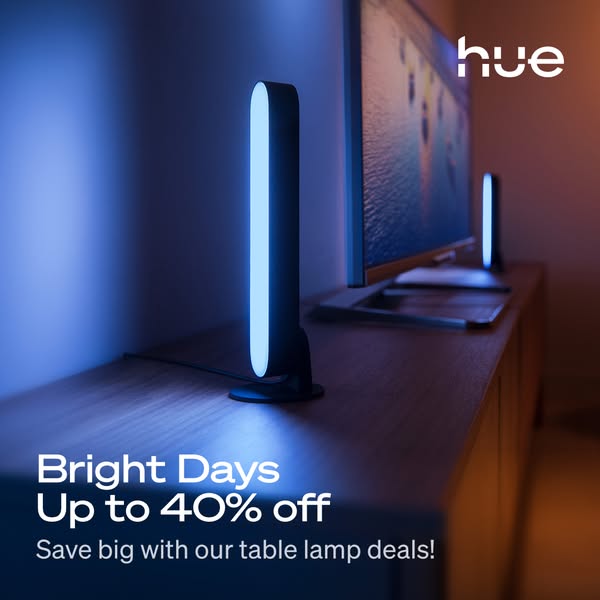 This ad promotes Hue table lamps, highlighting a sale of up to 40% off. Two lit lamps are shown next to a television wit