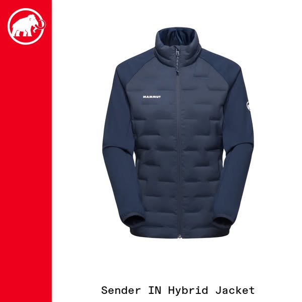 This ad features a Mammut Sender IN Hybrid Jacket against a white background. The brand logo is in the upper left corner