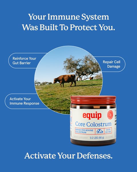 This ad for Equip Core Colostrum highlights the product's immune-boosting benefits with a blue background and an ima