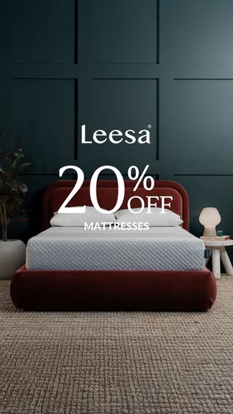 This image ad from Leesa showcases a bed with a mattress and advertises a 20% discount on mattresses.