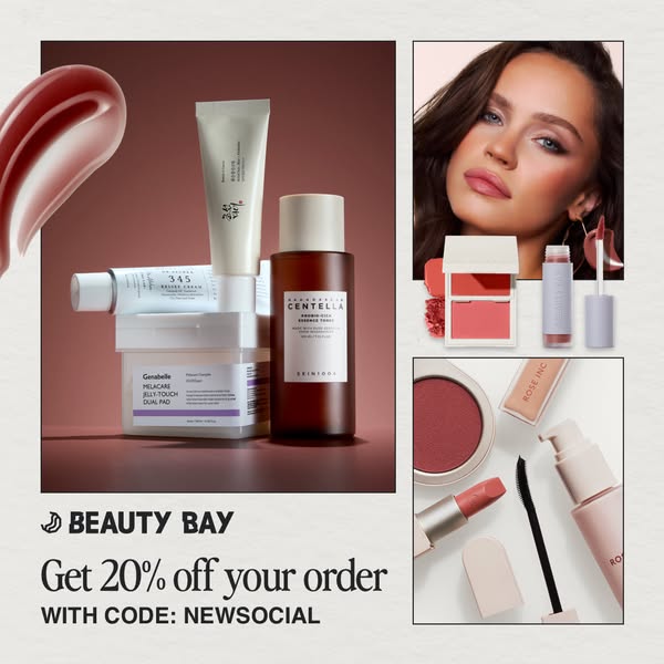 This image ad features a variety of skincare and makeup products by different brands available at Beauty Bay. The ad hig
