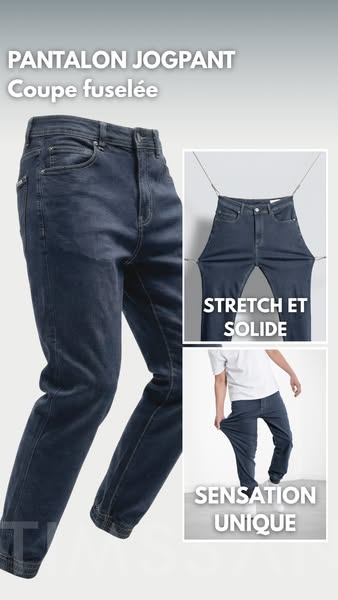 Ad for PANTALON JOGPANT, which showcases the flexibility and comfort of the product through images showing the product b