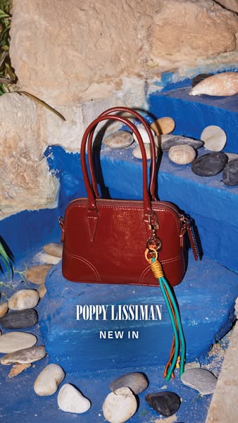 This image ad showcases a Poppy Lissiman handbag, highlighting its design and new arrival status against a stylized natu