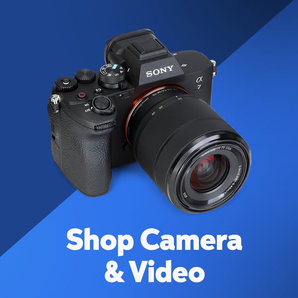 This ad showcases a Sony Alpha 7 camera against a blue background, inviting viewers to shop camera and video equipment.