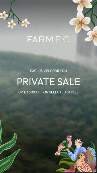 This ad promotes Farm Rio's private sale with up to 50% off on selected styles. It uses tropical imagery to align wi