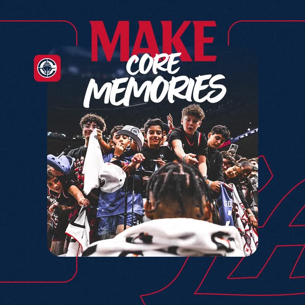 This ad features a photo of a basketball player surrounded by young fans, with the text overlay "MAKE CORE MEMORIES