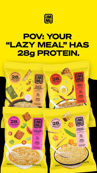 This ad for immi ramen features four different flavors of the product. The ad emphasizes the high protein content of the