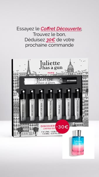 This image ad showcases a Juliette Has a Gun Discovery Set, featuring a collection of miniature perfumes. The ad aims to