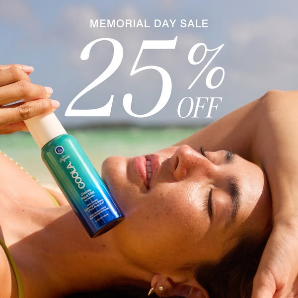 An image ad featuring a woman lying on a beach with a skincare product positioned near her face, advertising a 25% off M
