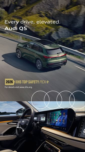 This ad for the Audi Q5 highlights the elevated driving experience and top safety rating of the vehicle.