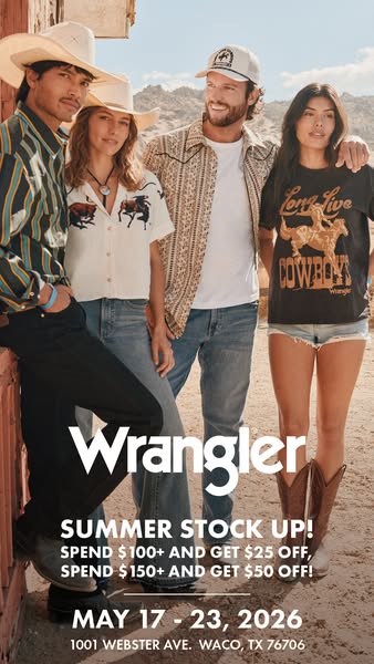 This ad for Wrangler features four diverse models wearing casual Western apparel outdoors. Text at the bottom of the ima