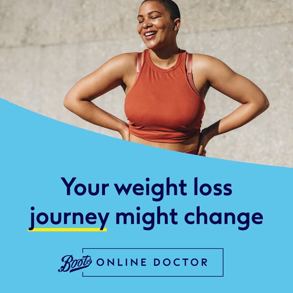 This Boots Online Doctor image ad promotes weight loss services by featuring a smiling woman and highlighting the changi