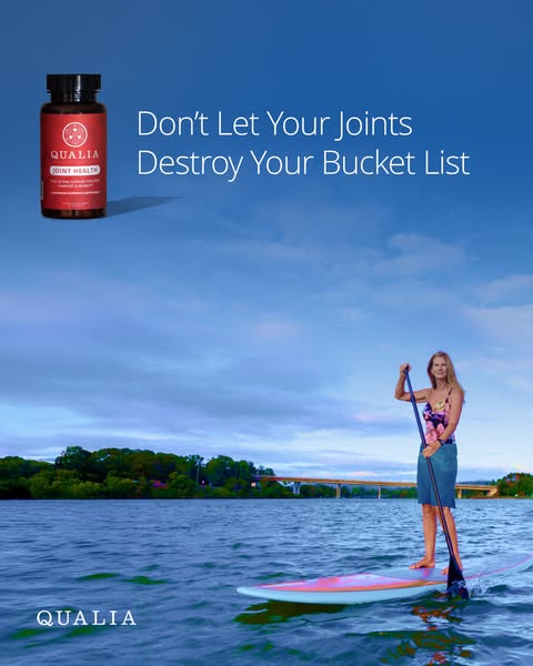 This image ad for Qualia Joint Health supplements features a woman paddleboarding on a lake. The ad aims to highlight th