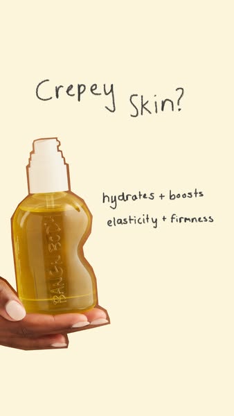 This ad features a bottle of body oil and highlights its ability to hydrate and boost elasticity and firmness.