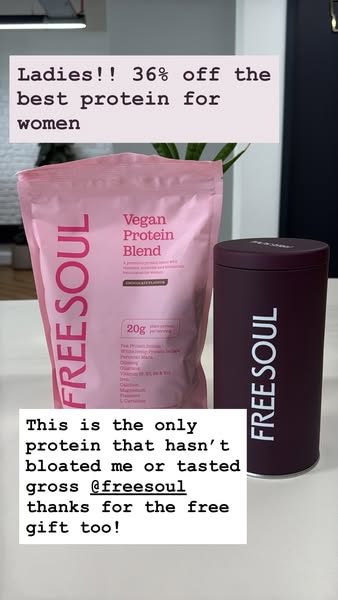 An image for Free Soul protein powder featuring a promotional offer and a testimonial about the product's effects.